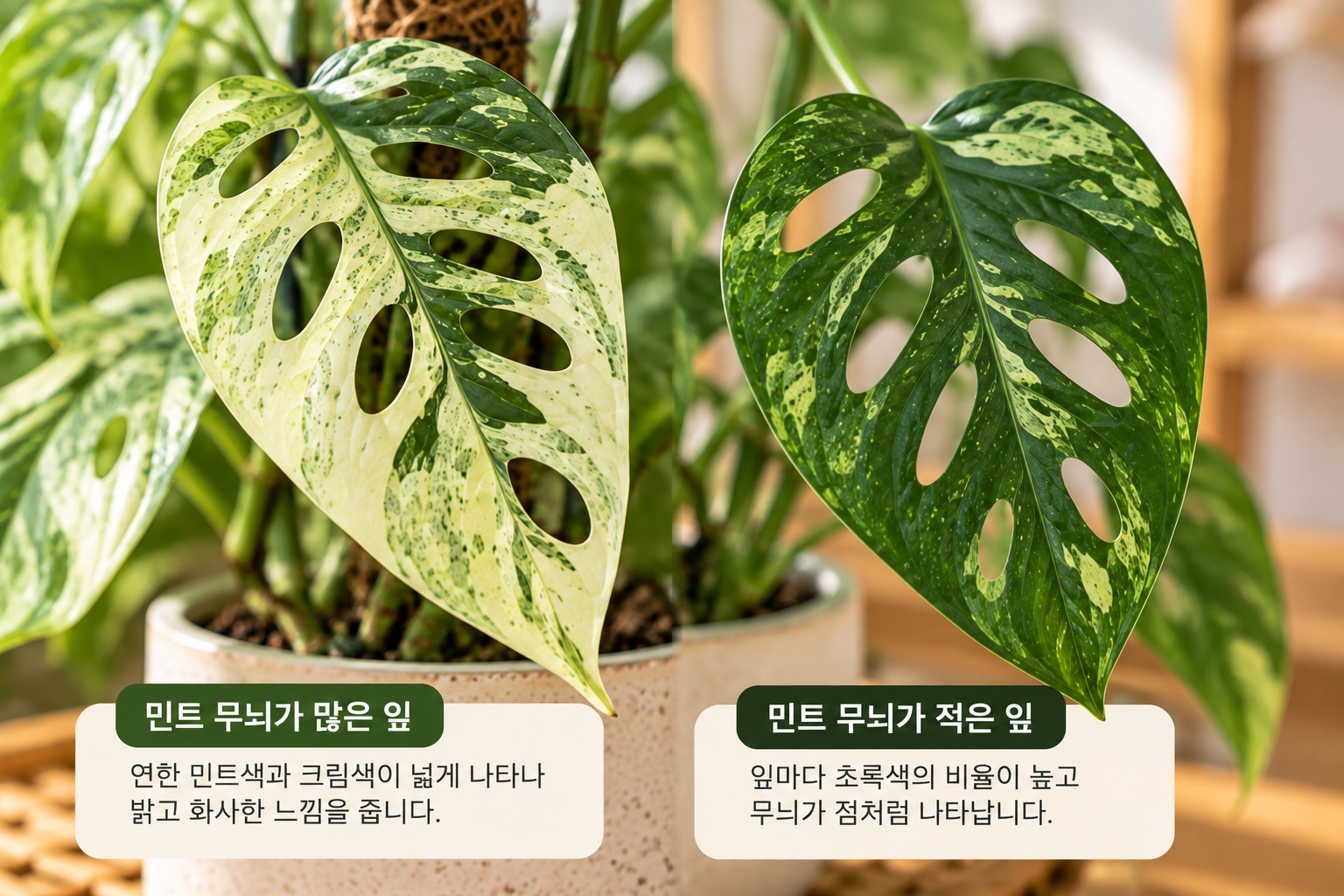 몬스테라 아단소니 민트의 밝은 민트 무늬 잎과 초록색 비중이 높은 잎 비교 AI 예시